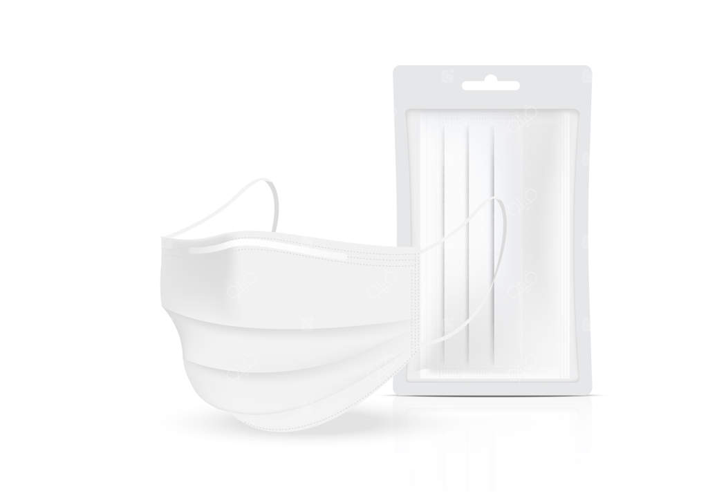 ماسک جراحی و محافظت در برابر ویروس با بسته‌بندی کیسه‌ای، ایزوله شده در پس‌زمینه. مفهوم طراحی برای ایمنی تنفس، مراقبت و بهداشت پزشکی.