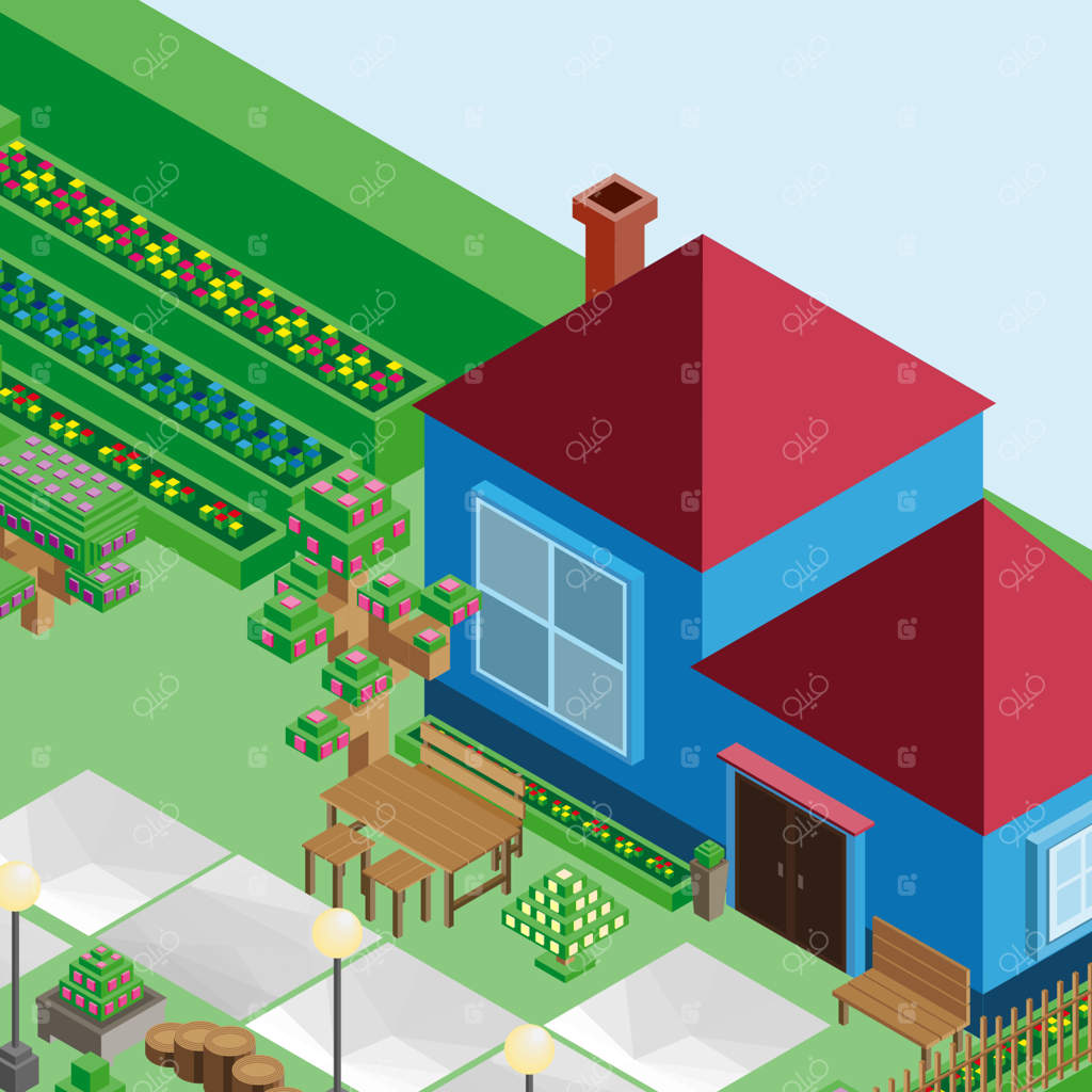 پس‌زمینه بازی ایزومتریک، طراحی برداری از باغ طبیعی، عناصر پارک شهری سبز، نماد وب معماری.