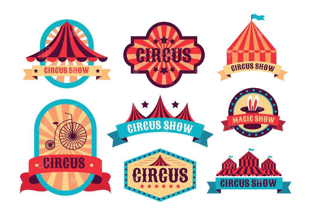 مجموعه‌ای از برچسب‌های وینتیج سیرک، تابلوهای کارناوال، نمایش برچسب سیرک، بنرهای سرگرمی، علائم بنر رترو کارناوال، چادر سیرک، دوچرخه، کلاه خرگوش جادویی، تصویرسازی