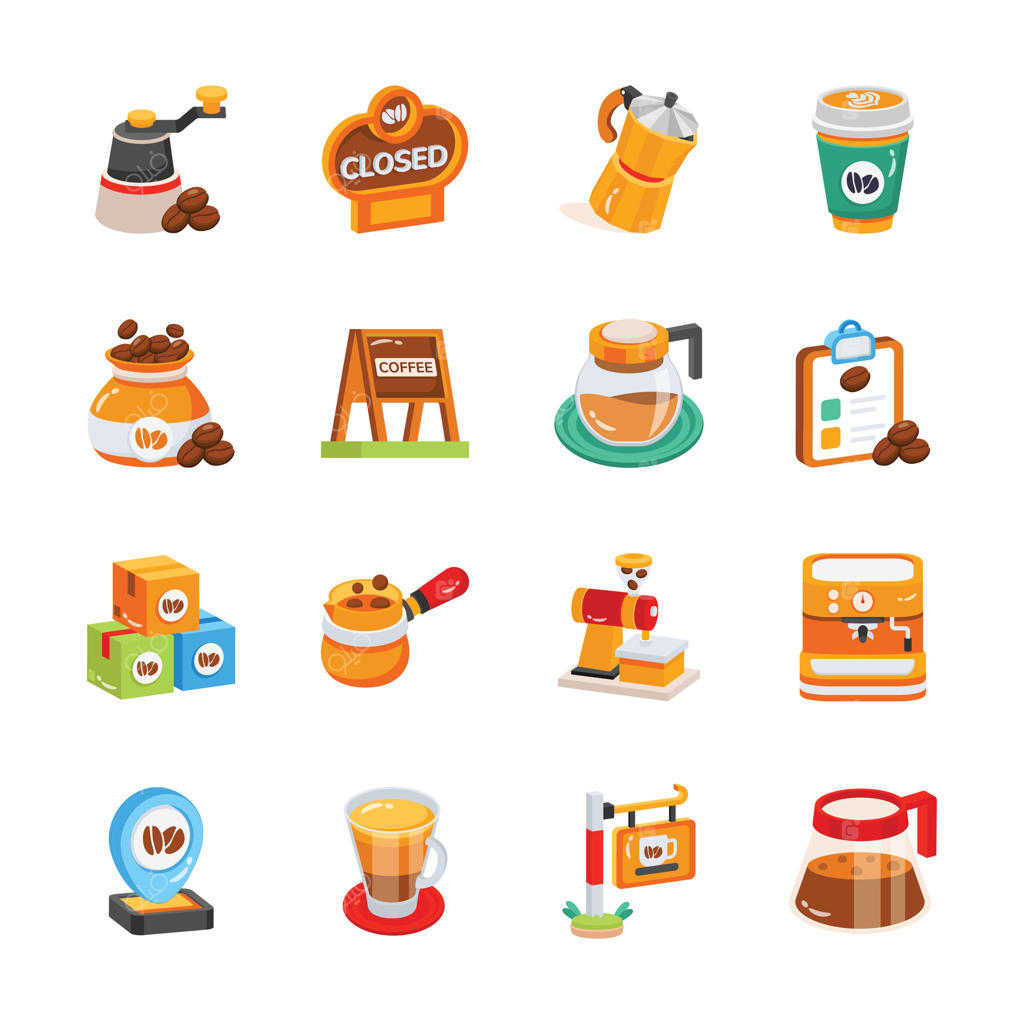 این مجموعه آیکون‌های رنگارنگ و ساده، عناصر مختلف یک کافی‌شاپ را به تصویر می‌کشد.