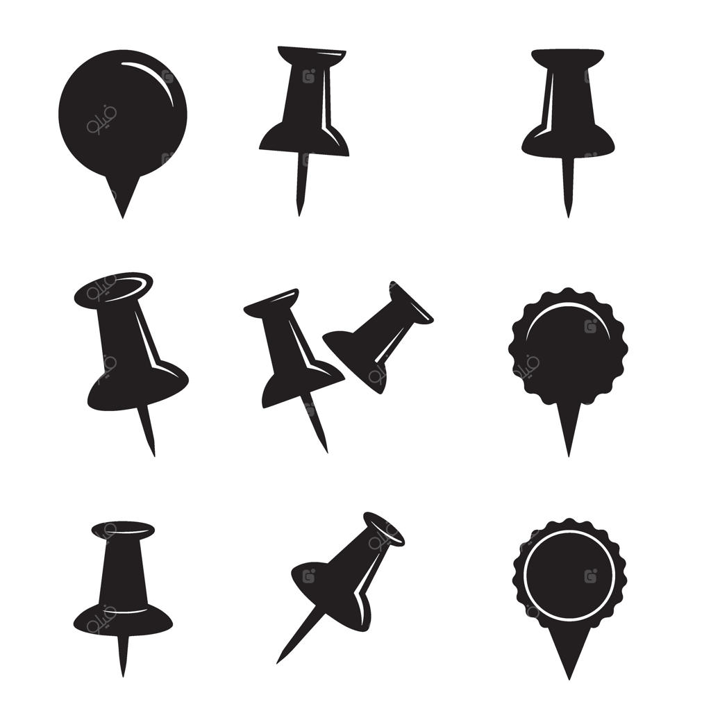 مجموعه‌ای از سنجاق‌ها و پونزهای متنوع مشکی برای استفاده در دفتر و ایده‌های خلاقانه