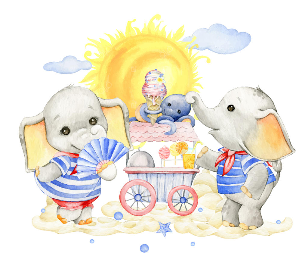 فیل‌ها و ملوان‌ها، بستنی، آفتاب، ساحل و تصویرسازی آبرنگی به سبک کارتونی در پس‌زمینه‌ای مجزا