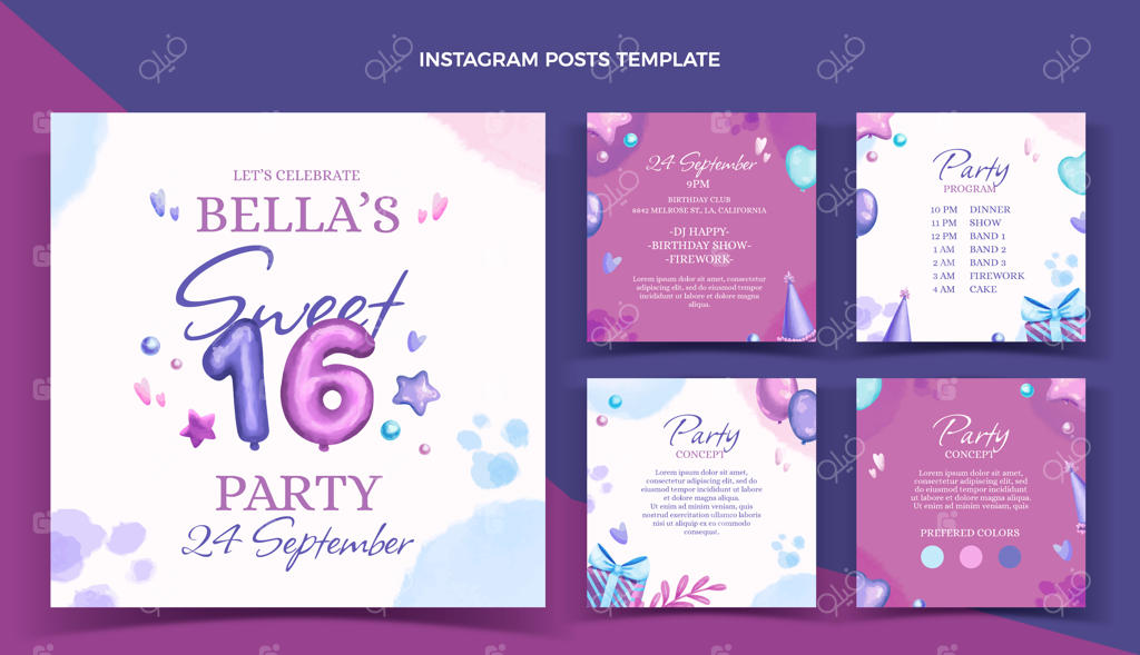 مجموعه پست‌های اینستاگرام برای جشن شانزده‌سالگی با طراحی آبرنگی