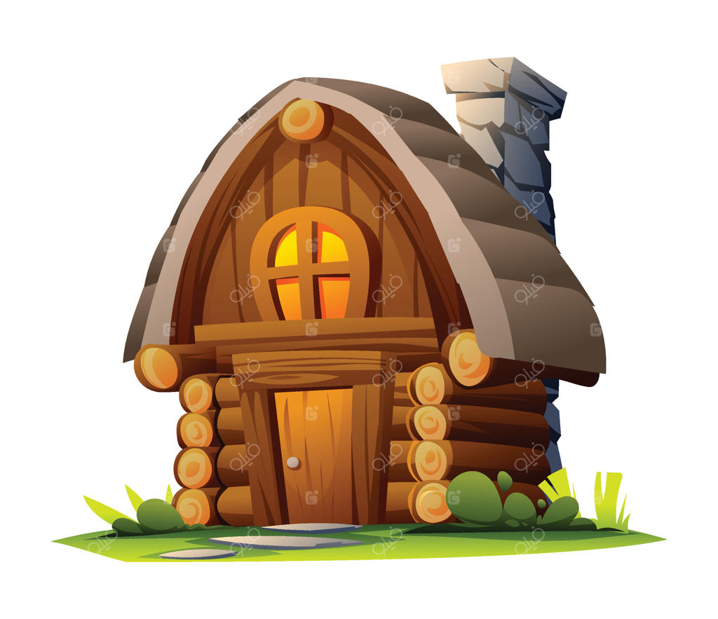کلبه چوبی دنج با پنجره گرد و دودکش سنگی در میان چمنزار - تصویر کارتونی