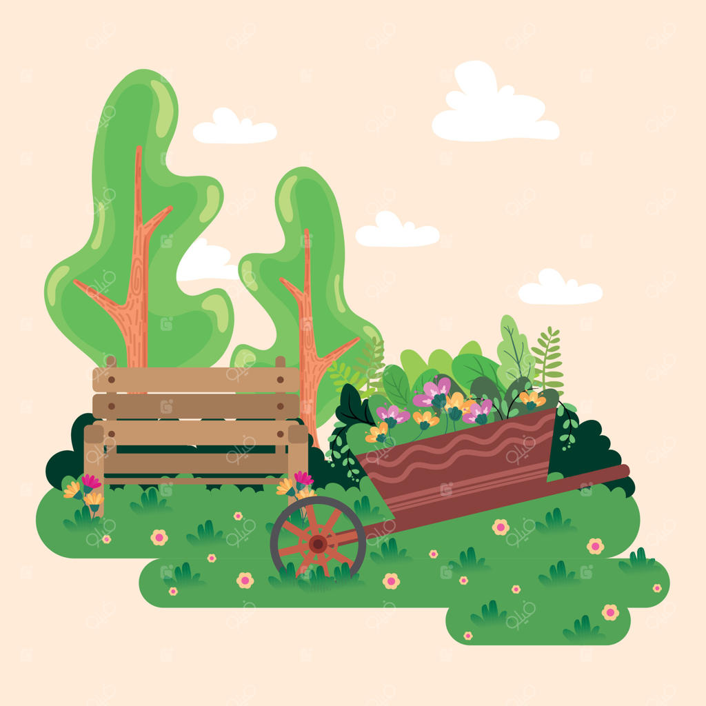 تصویر وکتور باغ بامزه و شاد با فرغون