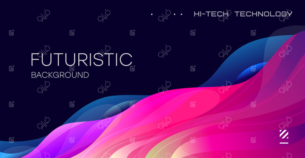 پوستر مدرن با رنگ‌های متنوع و شکل مایع موج‌دار بر روی پس‌زمینه سیاه.