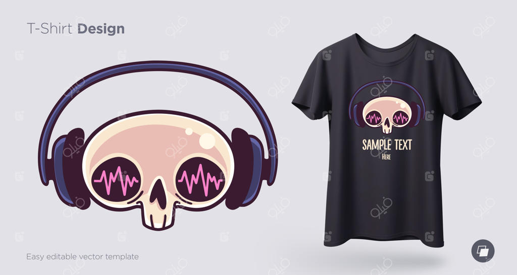 طرح تی‌شرت جمجمه با هدفون. چاپ برای لباس، پوستر یا سوغاتی. تصویرسازی وکتور.