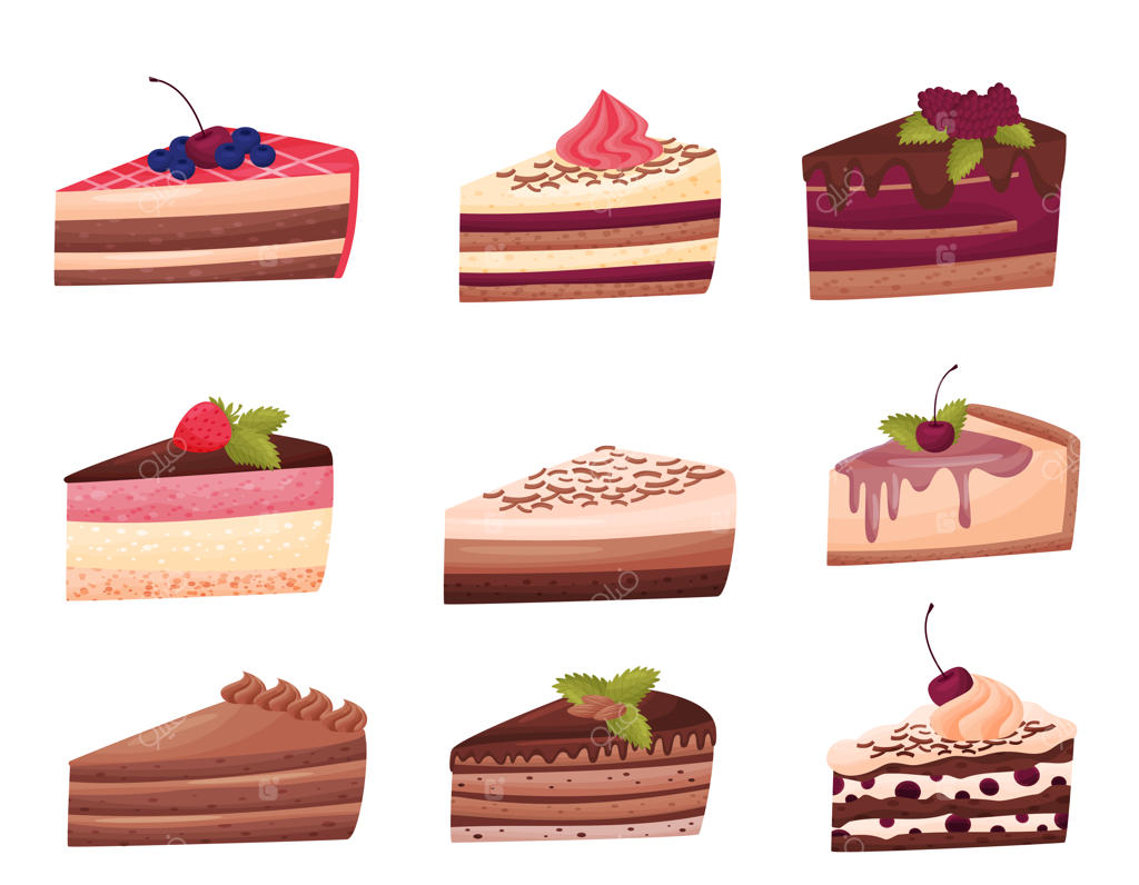 مجموعه کیک‌ها روی پس‌زمینه سفید. مفهوم نانوایی.