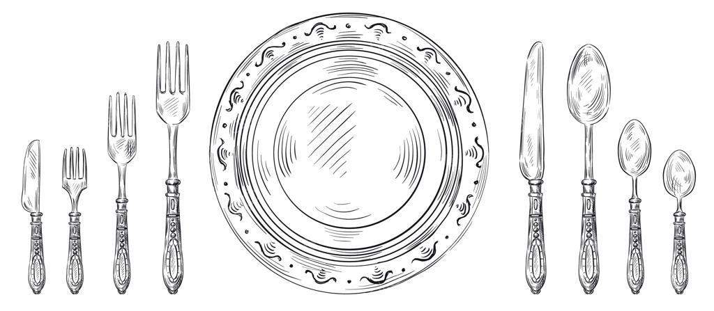 چیدمان میز کلاسیک: طراحی دستی چاقوی شام، بشقاب طرح‌دار و قاشق چنگال حکاکی‌شده. مجموعه تصویرسازی وکتور قاشق و چنگال رستوران