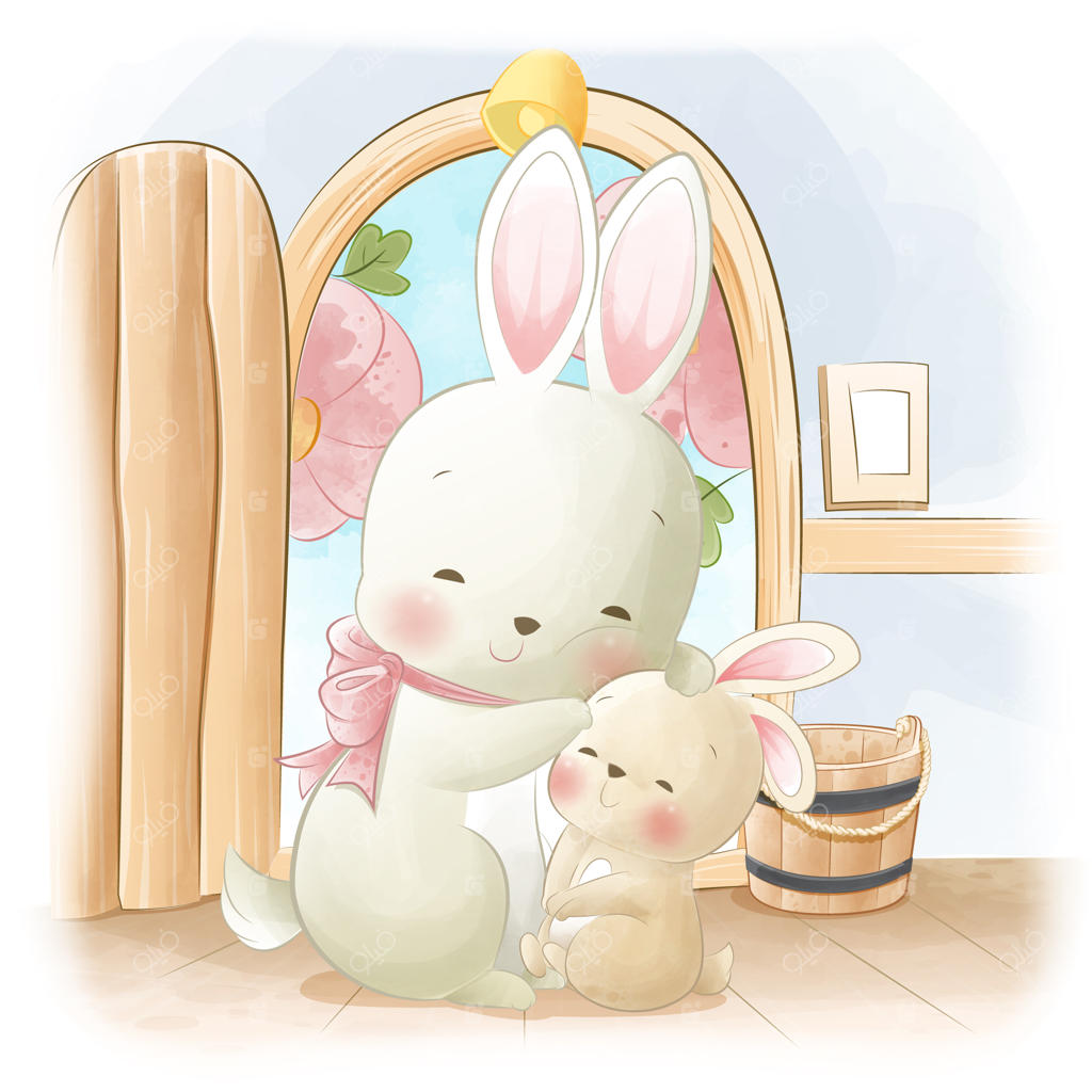 نقاشی حیوانات کودک: بازیگوشی مادر و بچه‌خرگوش‌ها