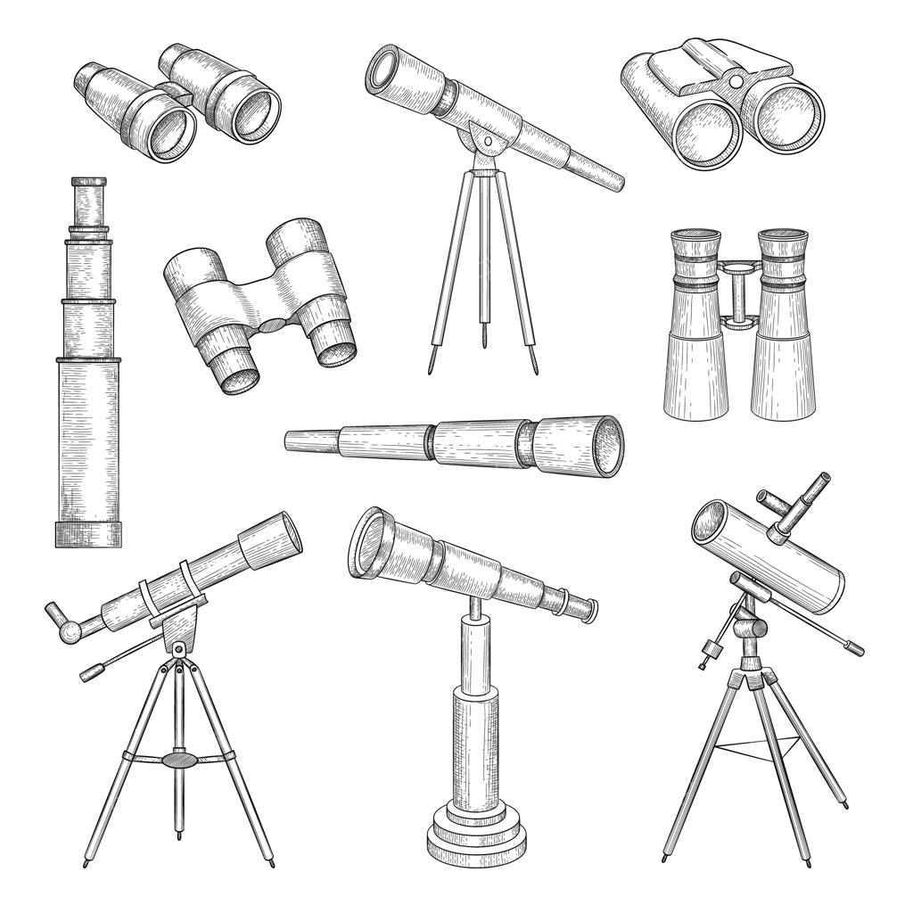 مجموعه وکتور طرح دستی دوربین دوچشمی و تلسکوپ؛ تجهیزات اپتیک نظامی و ابزارهای کاوشگری سفر