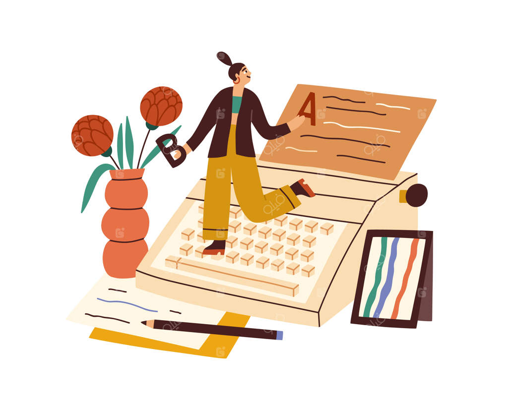 نویسنده در حال نوشتن کتاب با ماشین تحریر و کاغذها. نویسنده خلاق و خوشحال در حال خلق ادبیات. فرآیند کار یک نویسنده کوچک. مفهوم خلاقیت. تصویرسازی تخت وکتور، مجزا بر روی پس‌زمینه سفید