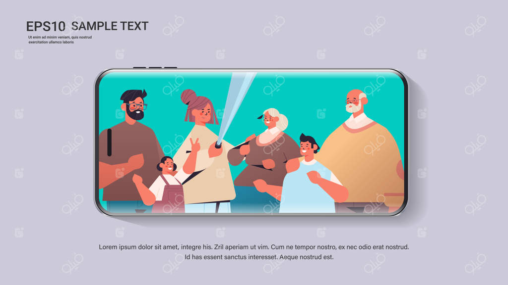 خانواده چند نسلی با استفاده از مونوپاد در حال گرفتن عکس سلفی در صفحه گوشی هوشمند - تصویر وکتوری افقی