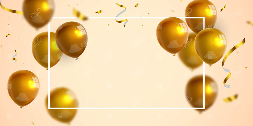 بنر جشن با پس‌زمینه بادکنک‌های طلایی. فروش ویژه. کارت افتتاحیه باشکوه و لوکس.