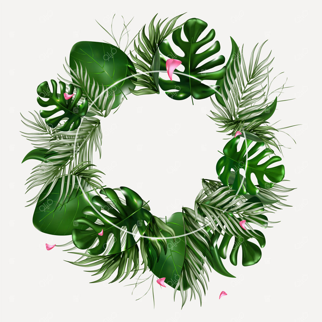 قاب گرد بهاری با برگ‌های سبز استوایی. پوستر فروش فصل. پس‌زمینه تابستانی.