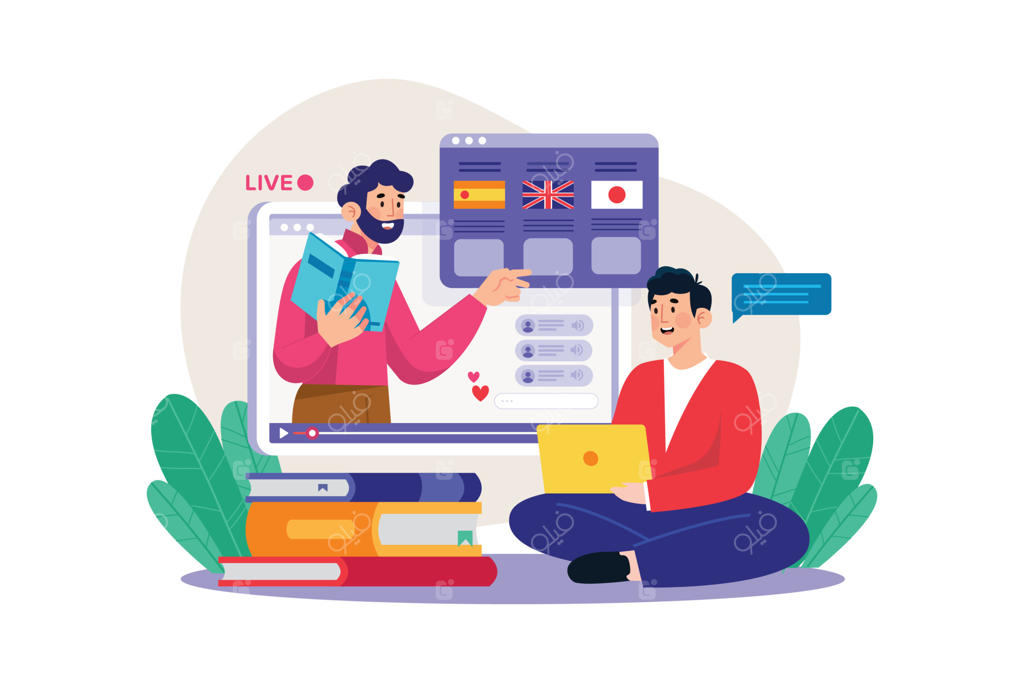 مردی در حال یادگیری آنلاین زبان‌های خارجی مختلف