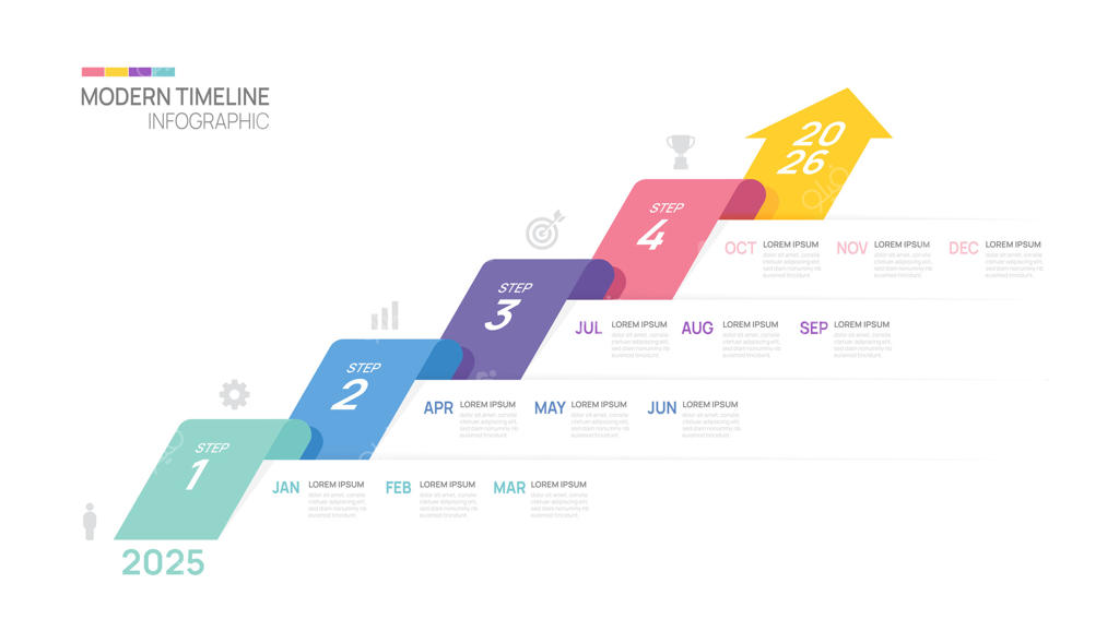 الگوی نمودار پیکان زمان‌بندی مراحل کسب‌وکار. نمودار زمانی تقویم، اینفوگرافیک‌ها.