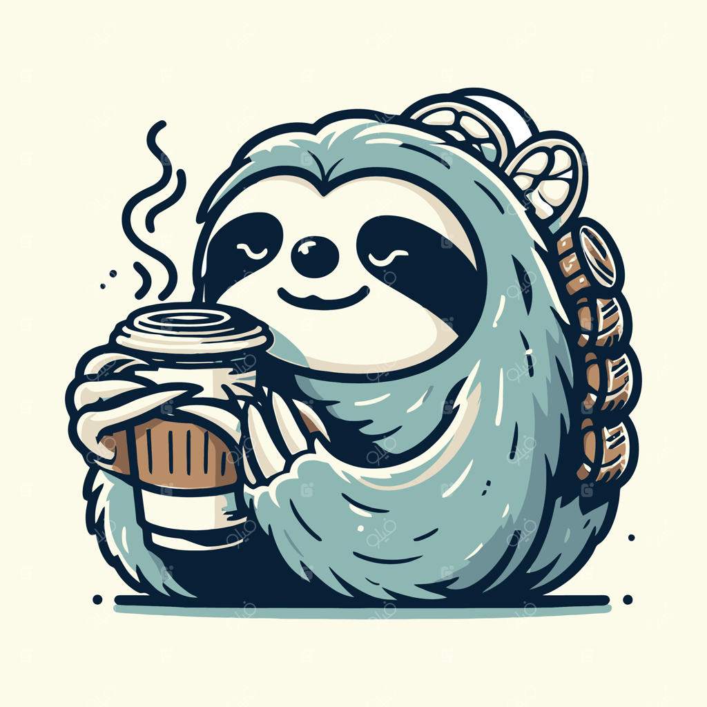 تصویر کارتونی جذاب و بامزه تنبلی که عاشق قهوه است و در بوریتو پیچیده شده!