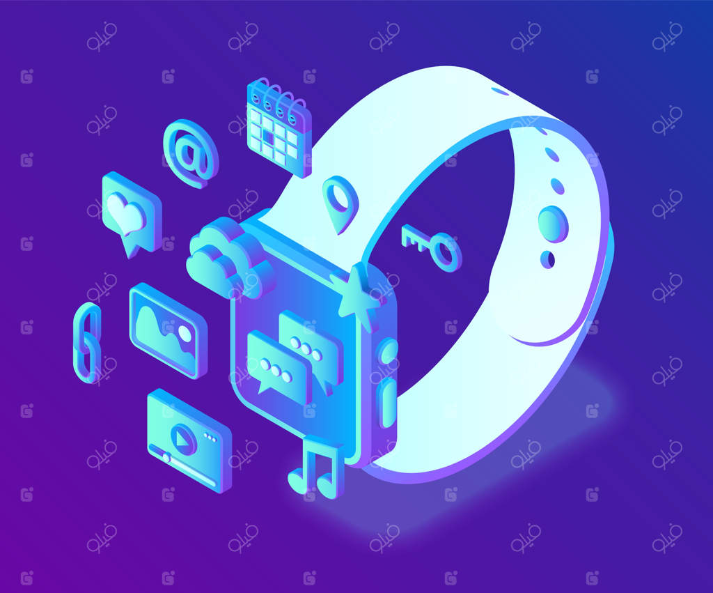 اپلیکیشن‌های شبکه‌های اجتماعی روی ساعت هوشمند: آیکون‌های ایزومتریک سه‌بعدی برای برنامه‌های موبایل.