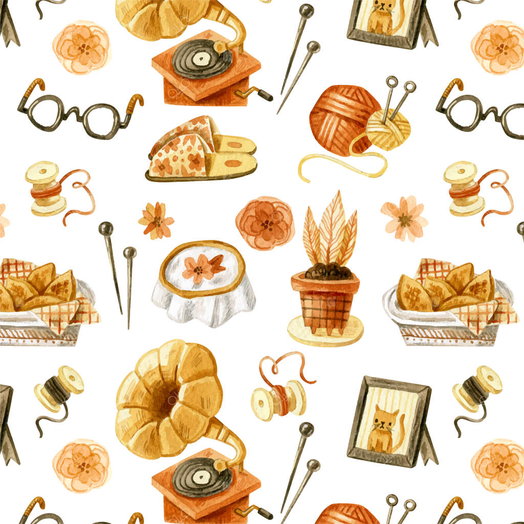 الگوی قدیمی مادربزرگ‌ها - طرح آبرنگی با وسایل مادربزرگ