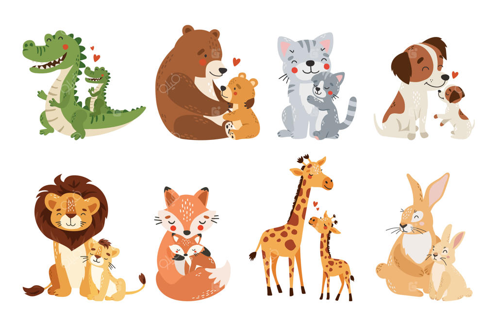 مجموعه وکتور حیوانات مادر و بچه، ست حیوانات بامزه برای روز مادر