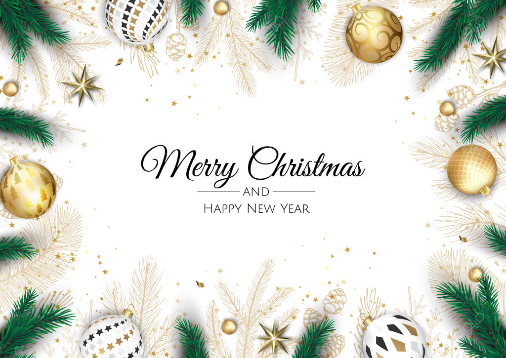 کریسمس مبارک و سال نو پر از شادی. پس‌زمینه کریسمس با بنت‌القنسول، دانه‌های برف، ستاره و توپ‌های تزئینی. کارت تبریک، بنر تعطیلات، پوستر وب.
