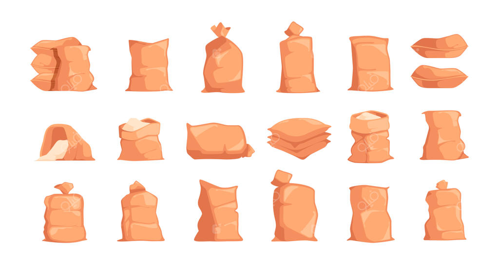 کیسه های کارتونی گونی: پر از برنج، آرد، گندم، شکر و غله - مجموعه وکتوری بسته‌بندی محصولات کشاورزی