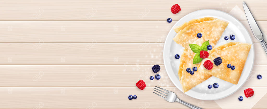 پنکیک‌های ماسلنیتسا در بشقاب سفید با تزئین بلوبری، تمشک و شاتوت - تصویر برداری افقی با پس‌زمینه چوبی واقع‌گرایانه