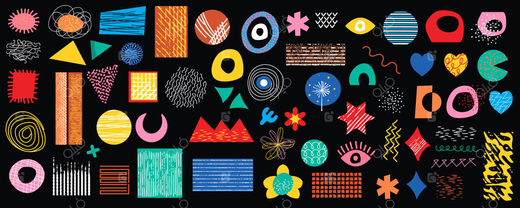مجموعه بزرگ اشکال هندسی رترو در طراحی گرافیک ساده. مجموعه عناصری با انواع مختلف نقاط، ستاره‌ها، ماه‌ها، چشم‌ها، قلب‌ها، بافت خطی، فلش‌ها و دیگر عناصر انتزاعی. تصویرسازی وکتور.