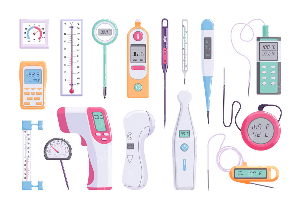 مجموعه انواع مختلف دماسنج: پزشکی، خیابانی و صنعتی. لیزری، دیجیتال، جیوه‌ای بدن، مادون قرمز، الکترونیکی و غیر تماسی. ابزار اندازه‌گیری خیابانی و صنعتی - تصویرگری وکتور مجزا