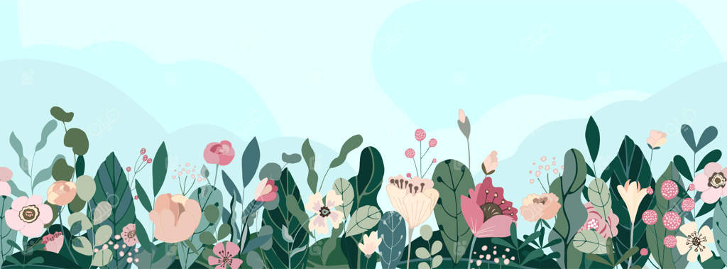 پانورامای پس زمینه‌ای زیبا از چشم‌انداز گل‌ها، برگ‌ها و توت‌های رنگارنگ