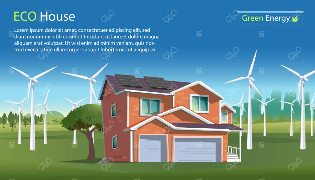 تصویرسازی به سبک مسطح از خانه‌ای سبز با پنل‌های خورشیدی بر روی سقف و انرژی بادی از توربین‌های بادی در یک منظره سبز. مفهوم صنعتی انرژی پاک و تجدیدپذیر. انرژی پاک.