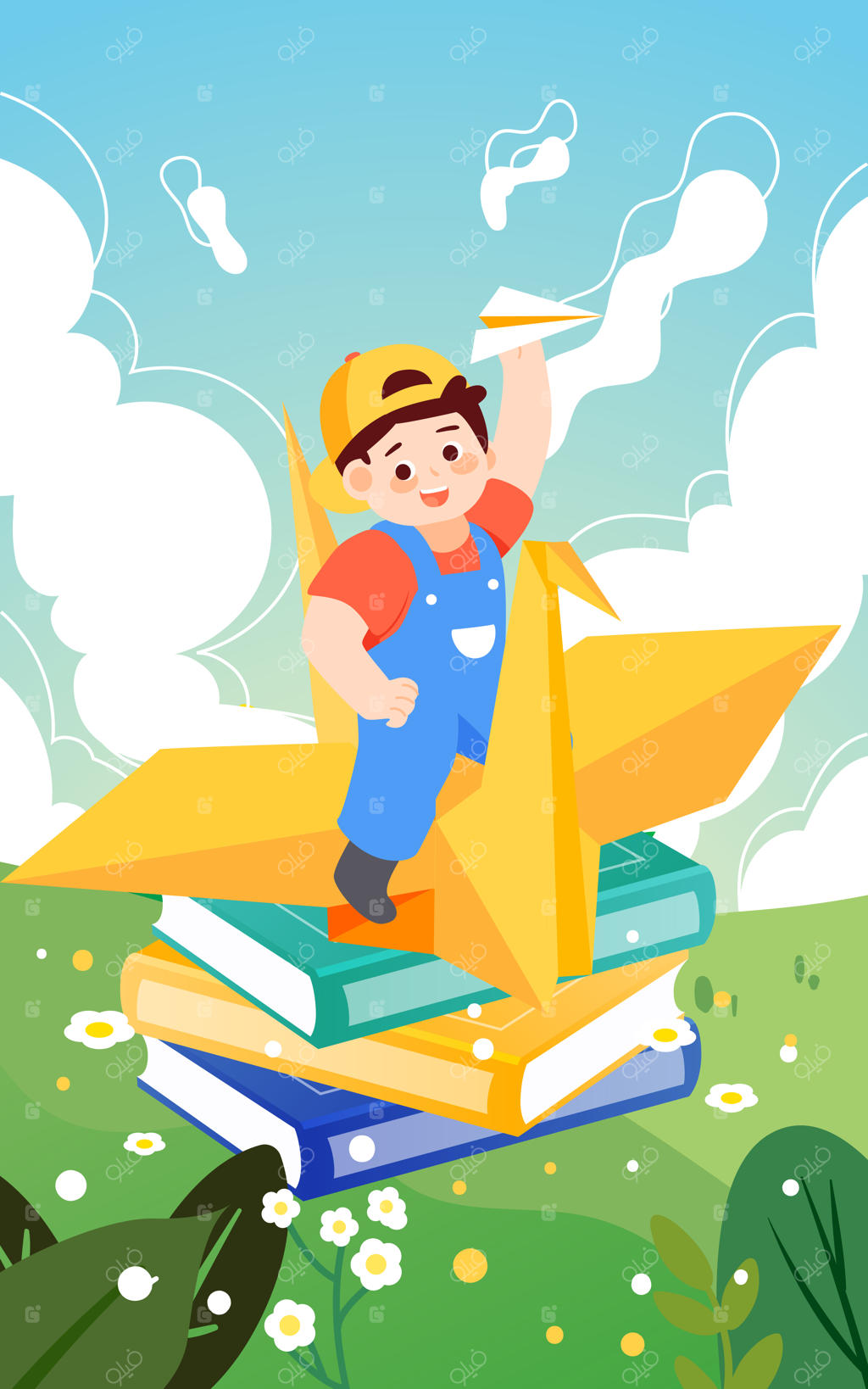 پسر بچه در روز کودک نشسته روی هواپیمای کاغذی با کتاب‌ها و گیاهان در پس‌زمینه وکتور