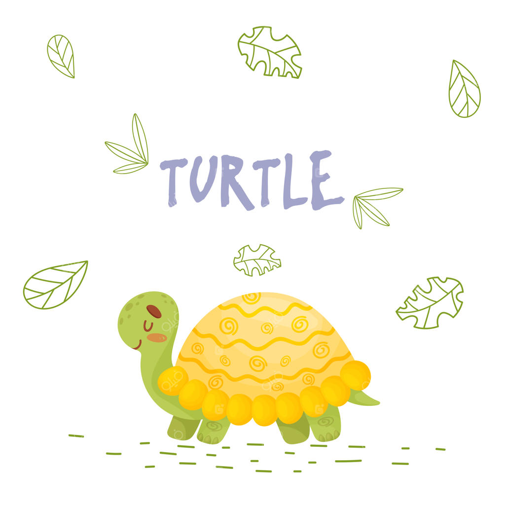 پوستر با لاک‌پشت کارتونی بامزه در جنگل برای کارت پستال و تیشرت با پس‌زمینه سفید