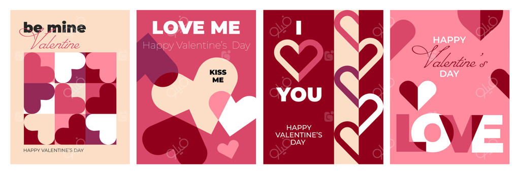 مجموعه پوسترهای هندسی انتزاعی روز ولنتاین، کارت تبریک، بنرها، قالب‌های تبلیغاتی فروش. پس‌زمینه‌های مدرن با قلب‌ها و اشکال ساده برای چاپ، کادوپیچی و شبکه‌های اجتماعی.