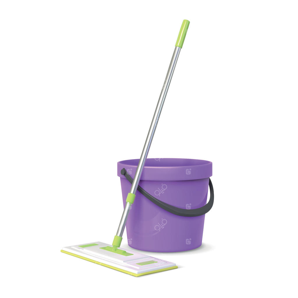 طراحی سه‌بعدی واقع‌گرایانه از تی نخی و سطل پلاستیکی، ابزارهای تمیزکردن کف. جارو ابری و سطل آب. وسایل نظافت منزل و مفهوم گرافیکی کف خیس