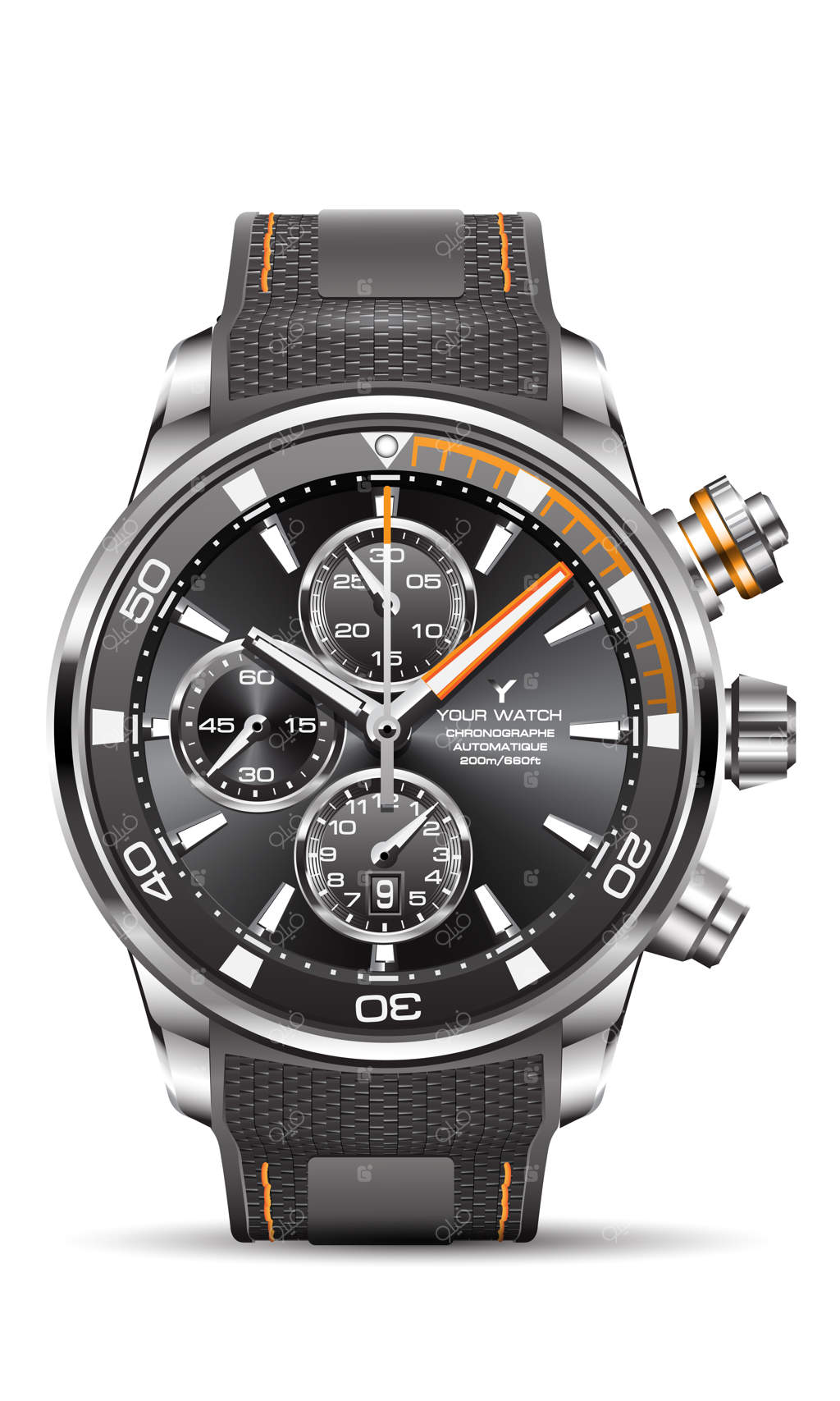 ساعت مردانه با طراحی واقع‌گرایانه: بند لاستیکی نارنجی و طوسی و صفحه ساعت کرنوگراف - برداری با پس‌زمینه سفید