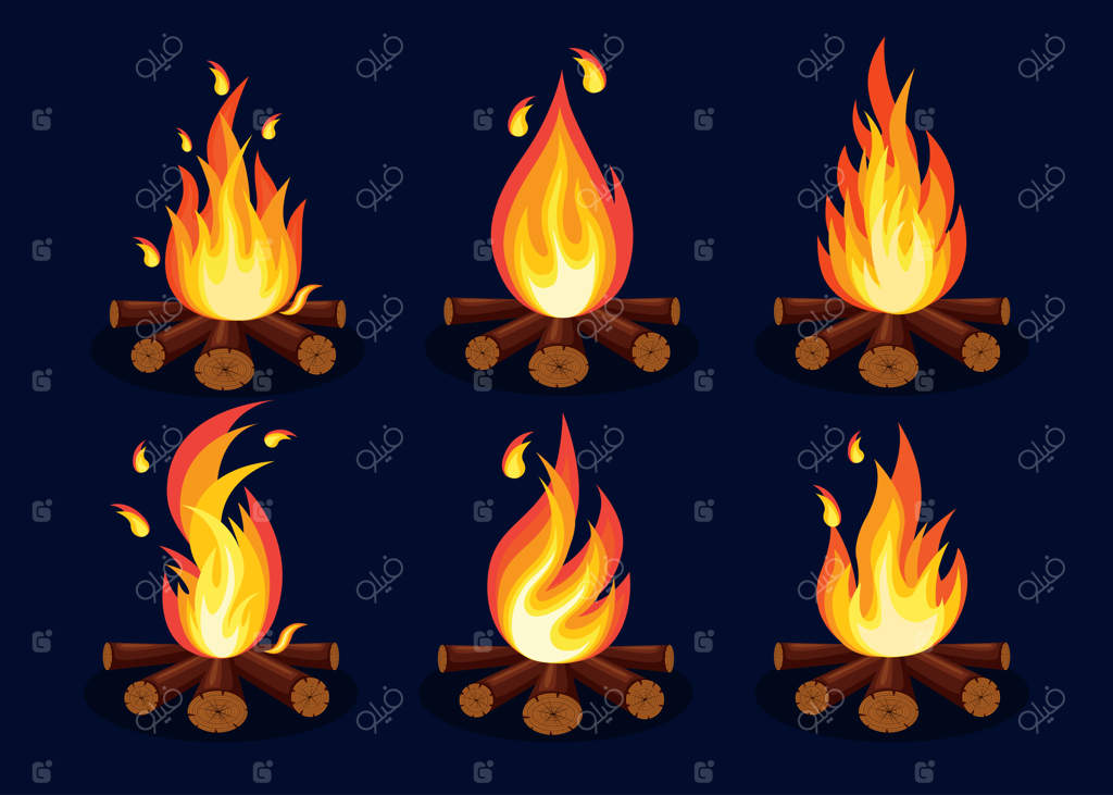 شعله‌های کارتونی آتش، آتش‌بازی، و آتش کمپ بر روی پس‌زمینه. طراحی ساده