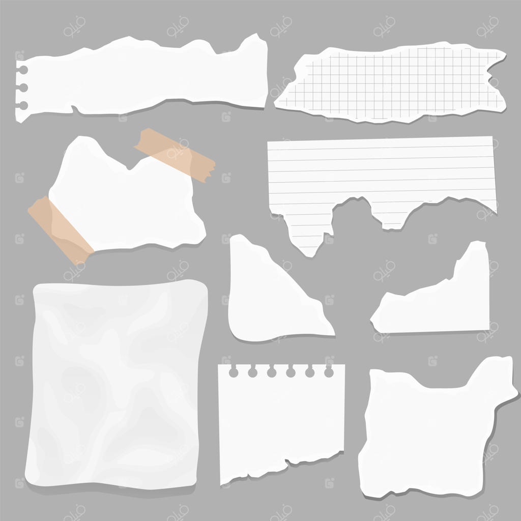 مجموعه‌ای از تکه‌های کاغذ با اشکال مختلف - کاغذهای پاره شده، برگ‌های دریده و قطعات یادداشت‌های دفترچه یادداشت