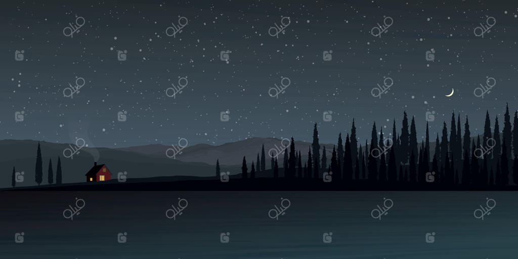 چشم‌انداز مینیمالیستی طبیعت شبانگاهی با دریاچه، کوهستان، خانه روستایی و سیلوئت جنگل کاج، به همراه فضای خالی.