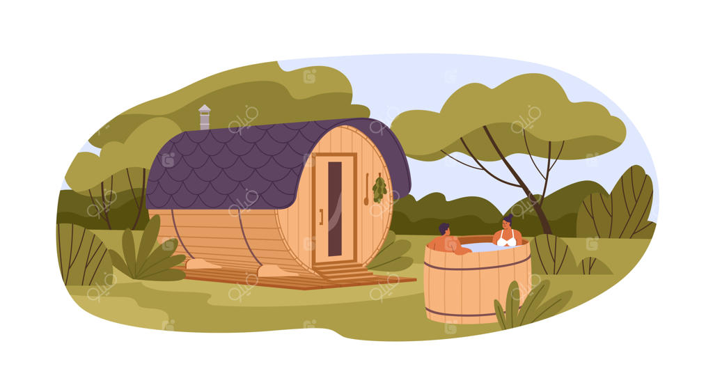 سونا بشکه‌ای و زوجی در سطل چوبی در طبیعت. خانه چوبی گرد برای بانیا. منظره‌ای با افرادی در نزدیکی حمام. آبگرم و سلامتی در فضای باز. تصویرسازی وکتور مسطح بر روی پس‌زمینه سفید.