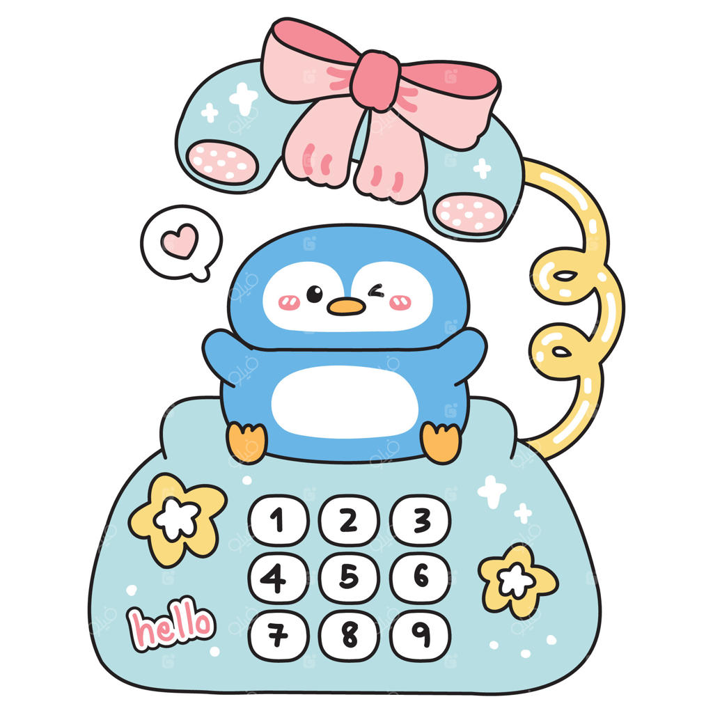 پنگوئن بامزه روی میز تلفن کلاسیک و قدیمی. طراحی کودکانه. پاپیون بزرگ، ستاره، قلب و متن سلام به صورت دست‌نویس. شخصیت کارتونی پرنده قطبی. کاوایی. تصویرسازی.