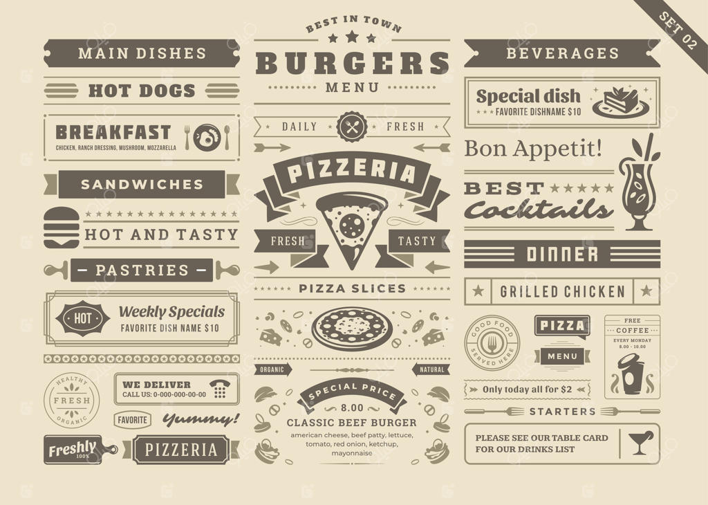 عناصر طراحی دکوراسیون تایپوگرافی منوی رستوران به سبک قدیمی و کلاسیک