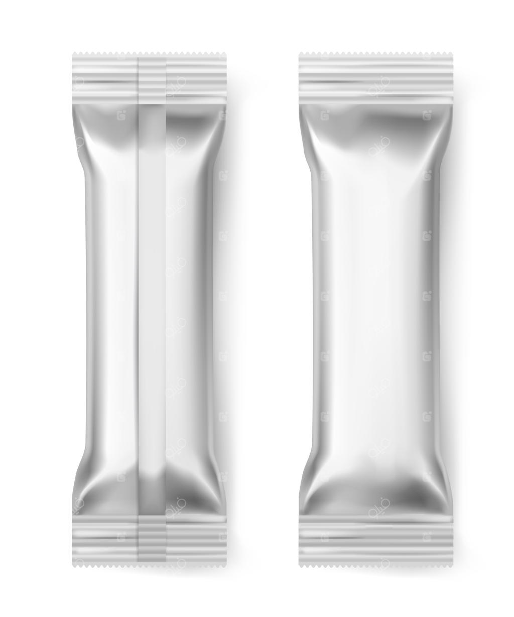 میله‌های فویل. بسته‌بندی آلومینیومی مهر و موم شده برای شکلات، بیسکویت و دسر، 3D واقعی