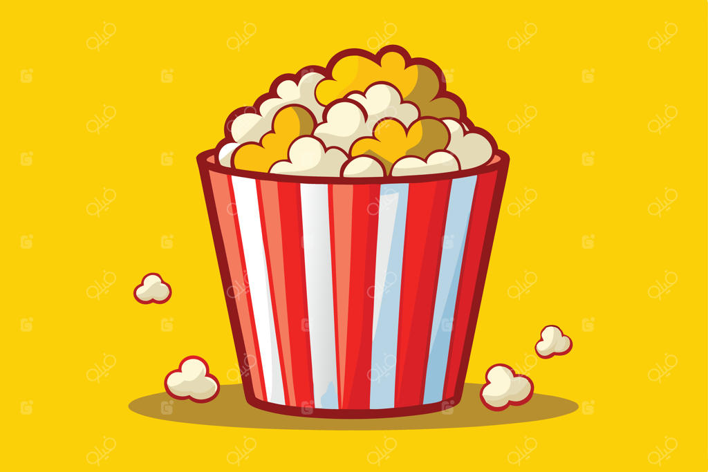 سطل پر پاپ‌کورن کارتونی با طرح راه راه قرمز و سفید در پس‌زمینه زرد