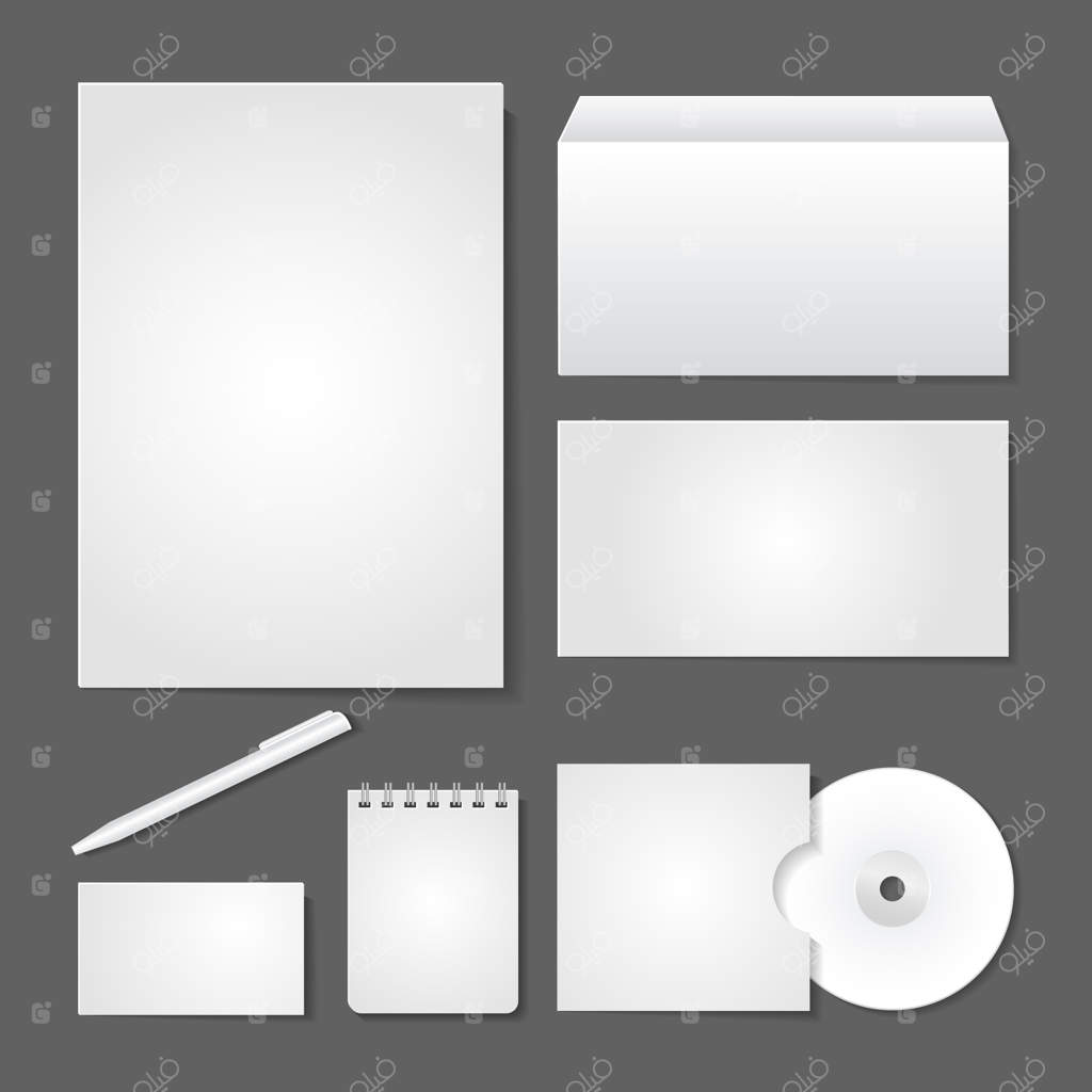 طراحی ست لوازم التحریر اداری برای هویت تجاری بر روی پس‌زمینه خاکستری