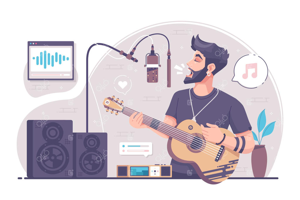 پسری که در حال آواز خواندن و نواختن گیتار است، تصویر زمینه