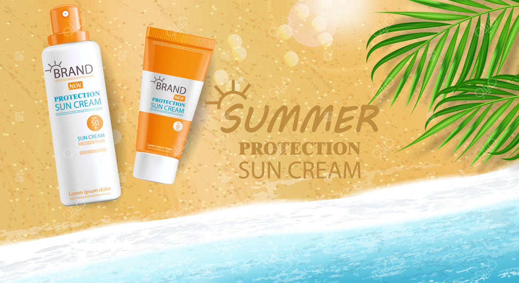 بطری کرم ضدآفتاب واقعی و ایزوله شده، پس‌زمینه دریا، بنر استوایی، بسته‌بندی، کرم محافظت از آفتاب، لوازم آرایشی تابستانه