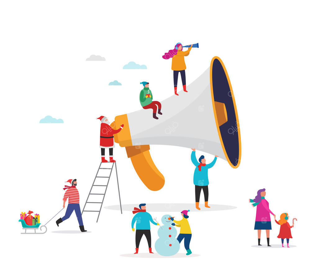 اعلامیه کریسمس، کریسمس مبارک، پیشاپیش تبریک سال نو، بنر حراج با صحنه‌ای از آدمک‌ها، بابانوئل با بلندگوی بزرگ، خانواده‌ها و کودکان.