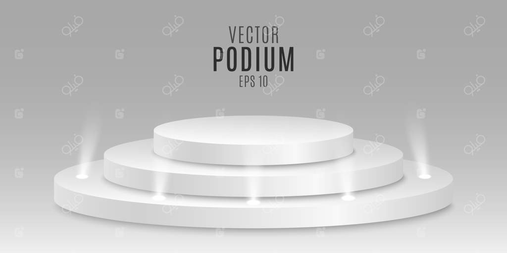 محل جایزه: سکوی سفید خالی سه‌بعدی در پس‌زمینه خاکستری با لامپ‌های کوچک.